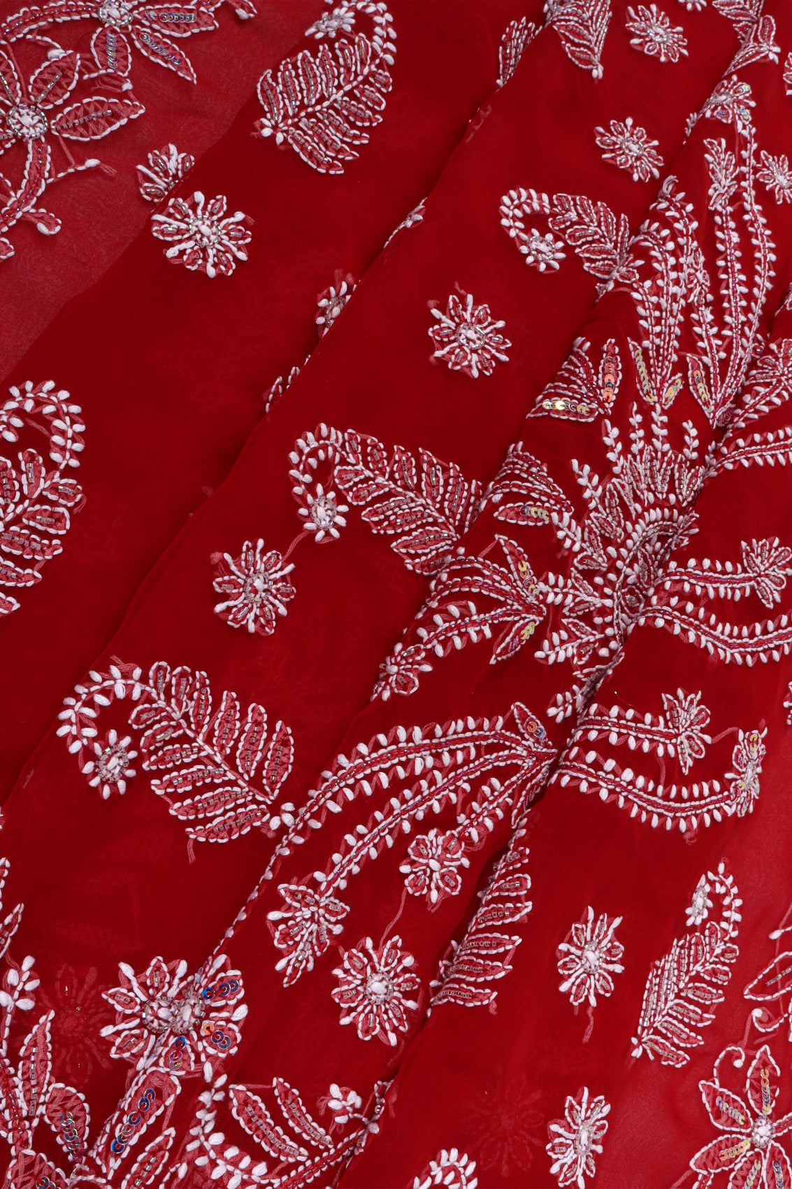 Ada Hand Embroidered Red Georgette Lucknowi Chikankari Saree/Blouse With Cutdana Work 01A194046