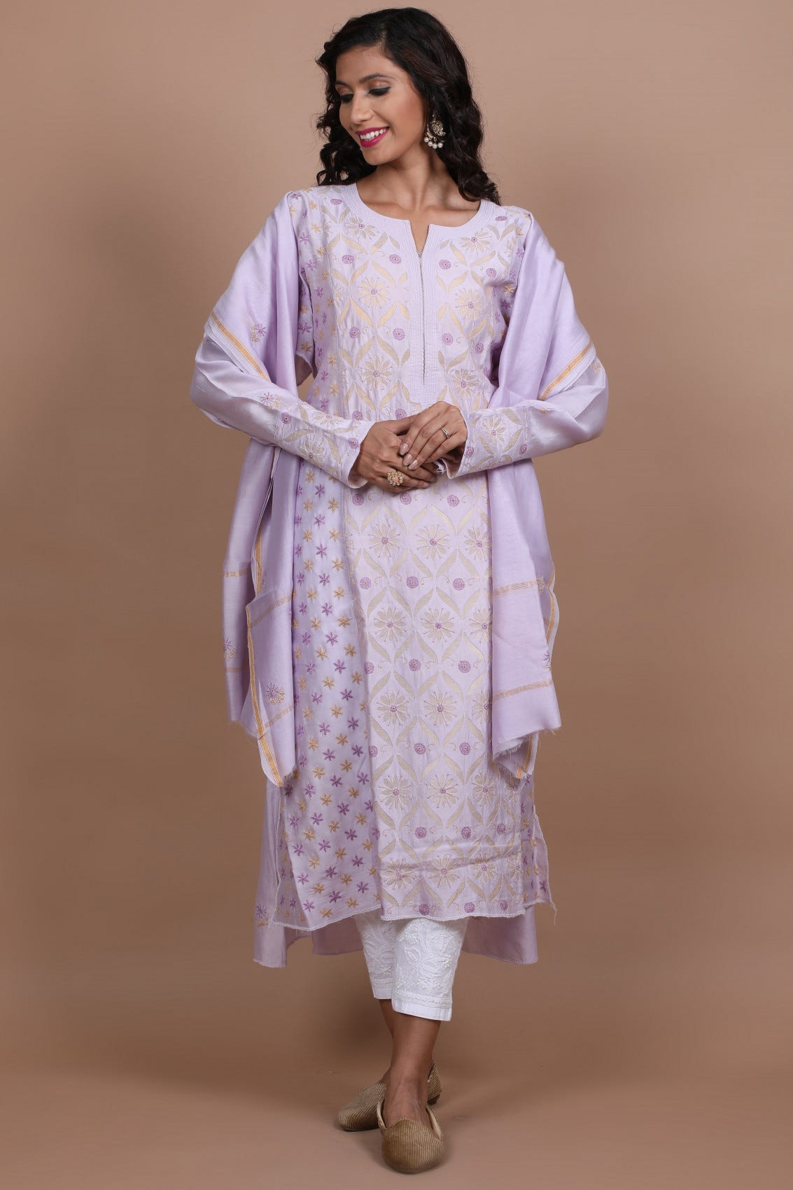 Ada Hand Embroidered Lilac Chanderi Lucknowi Chikankari Semi-stitched Kurta Dupatta Set 01A224141