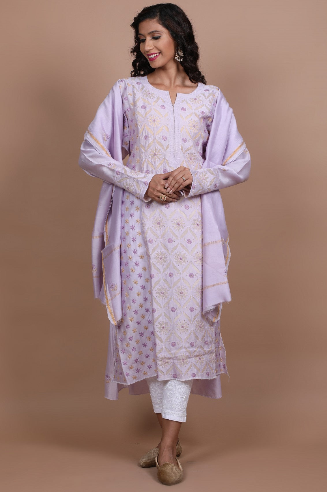 Ada Hand Embroidered Lilac Chanderi Lucknowi Chikankari Semi-stitched Kurta Dupatta Set 01A224141