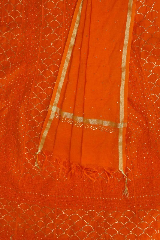 Ada Hand Embroidered Orange Chanderi Chikan Semi-stitched Anarkali Kurta Dupatta With Muqaish Work-A623106