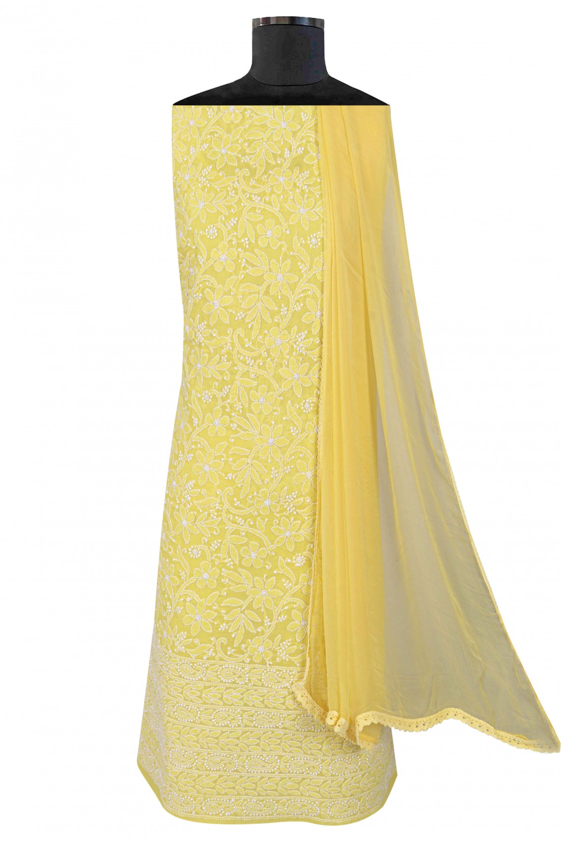 Ada Hand Embroidered Yellow Cotton Lucknowi Chikankari Unstitched Suit Piece 01A204075