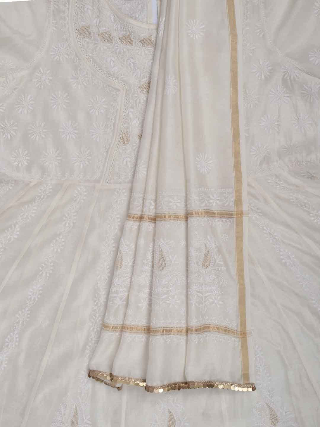 Ada Hand Embroidered Cream Chanderi Lucknowi Chikankari Semi-Stitched Anarkali Kurta Dupatta Set With Zari Work 01A205798