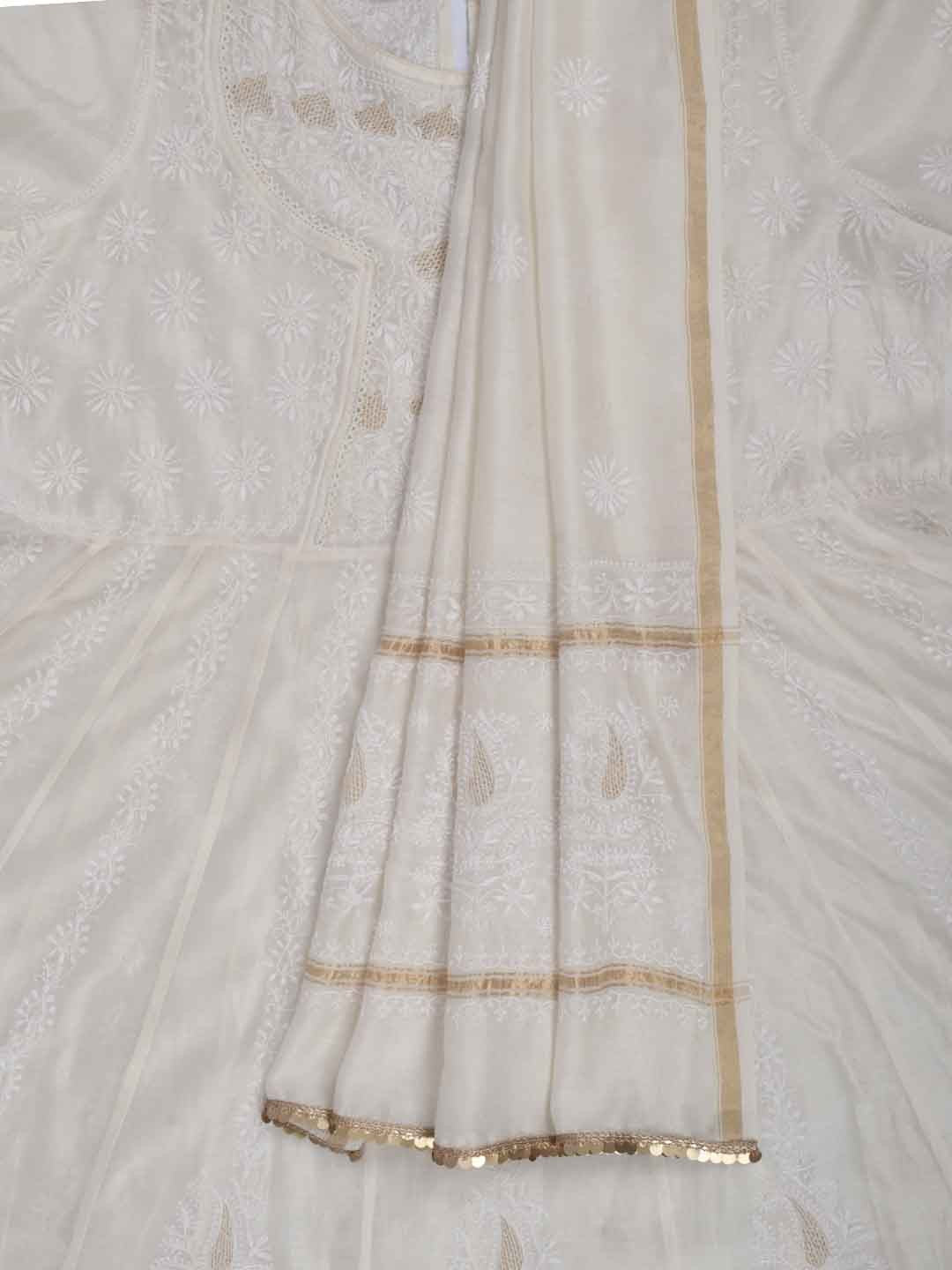 Ada Hand Embroidered Cream Chanderi Lucknowi Chikankari Semi-Stitched Anarkali Kurta Dupatta Set With Zari Work 01A205798
