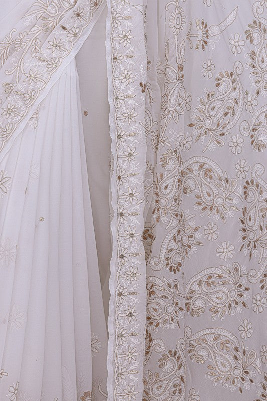 Ada Hand Embroidered White Georgette Lucknowi Chikankari Saree /Blouse with Gota Patti Work A42302