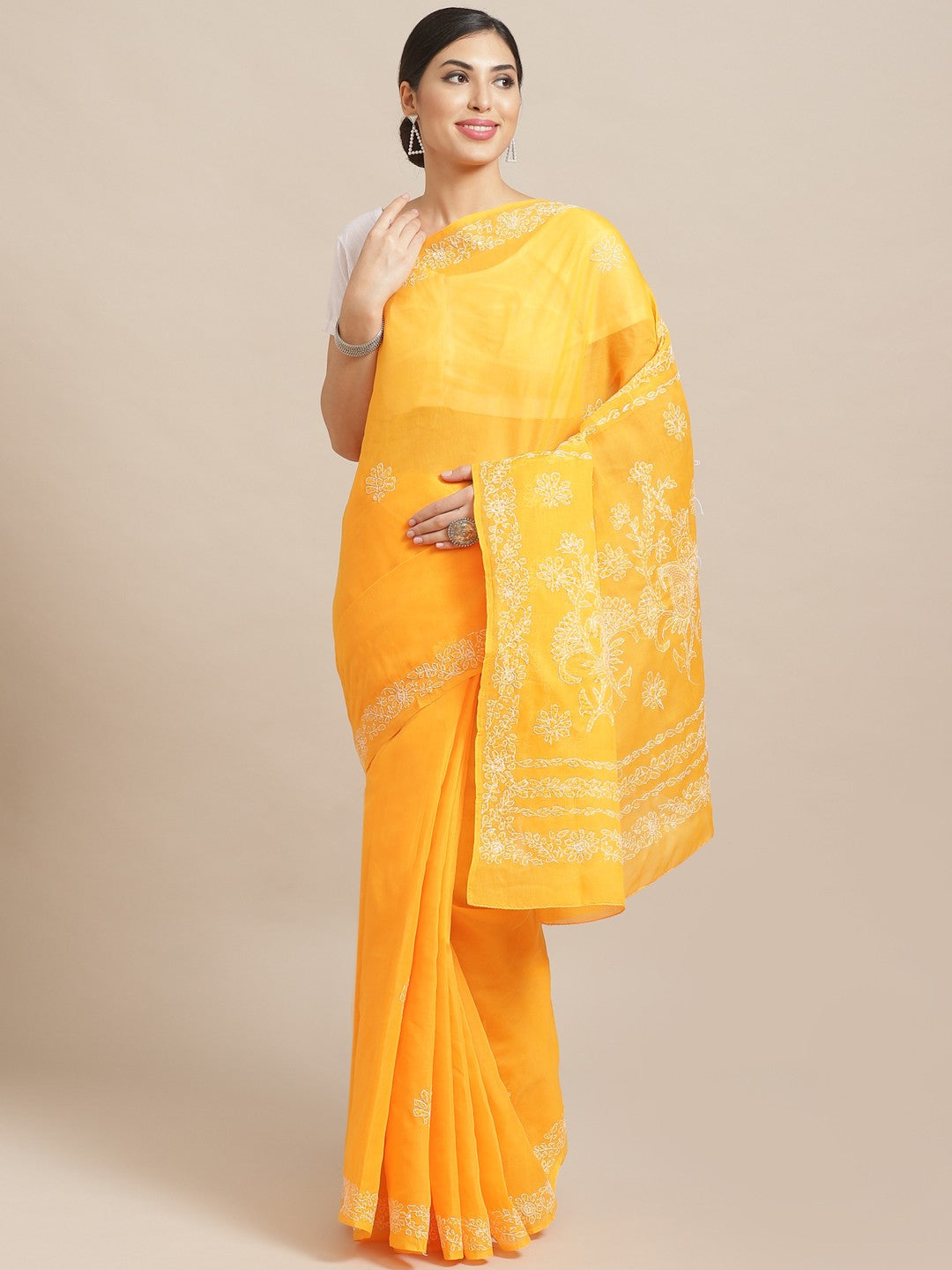 Ada Hand Embroidered Yellow Cotton Lucknow Chikan Saree With Blouse A100541