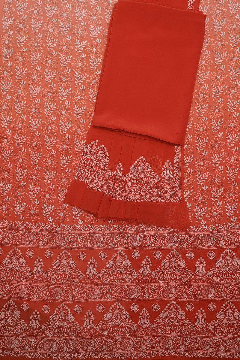 Ada Hand Embroidered Peach/Orange Shaded Pure Georgette Lucknowi Chikan Unstitched Suit Piece A37009