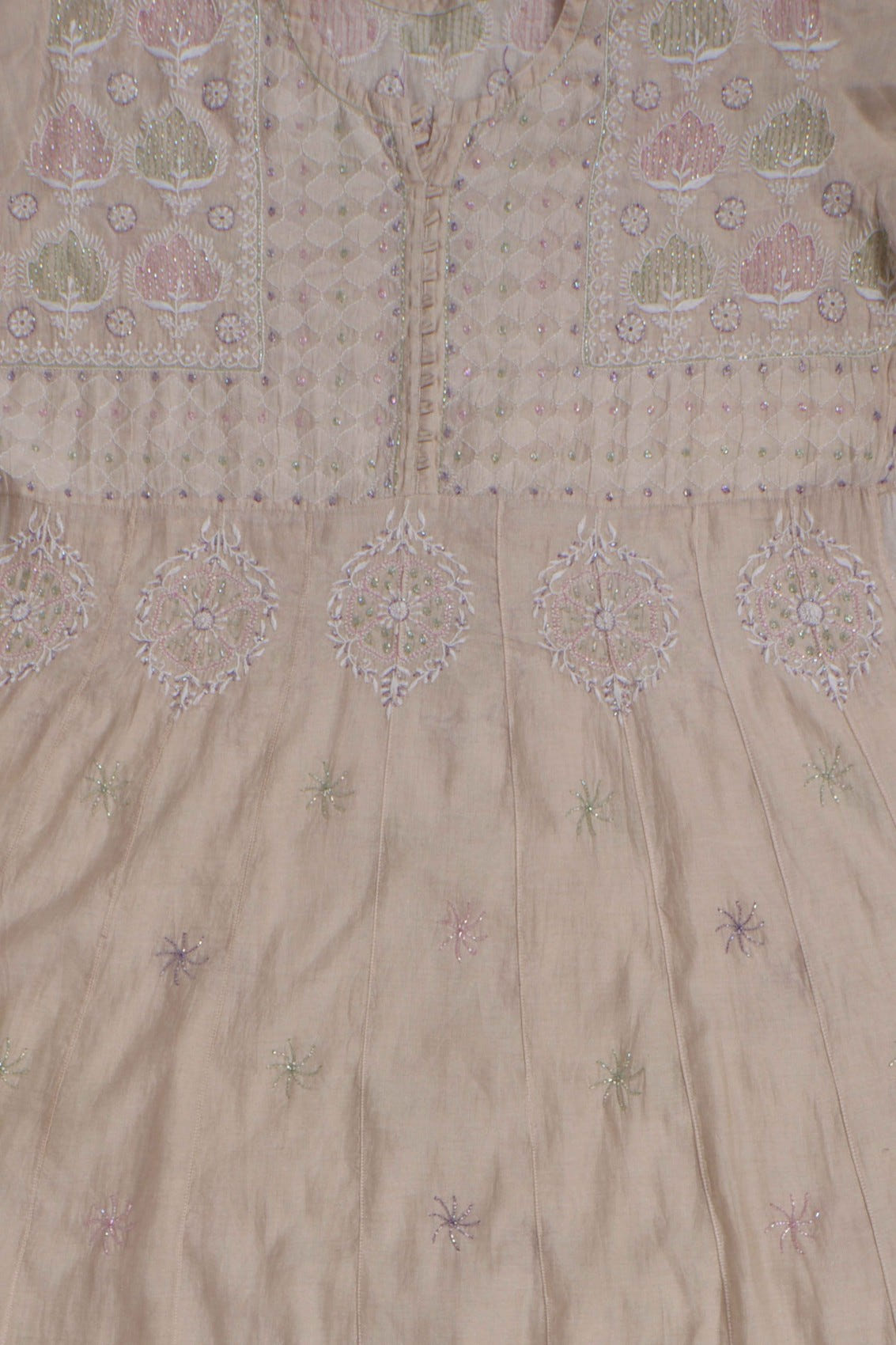 Ada Hand Embroidered Natural Fawn Tissue Lucknowi Chikankari Semi-Stitched Anarkali Kurta Dupatta Set With Cutdana Work 01A187880