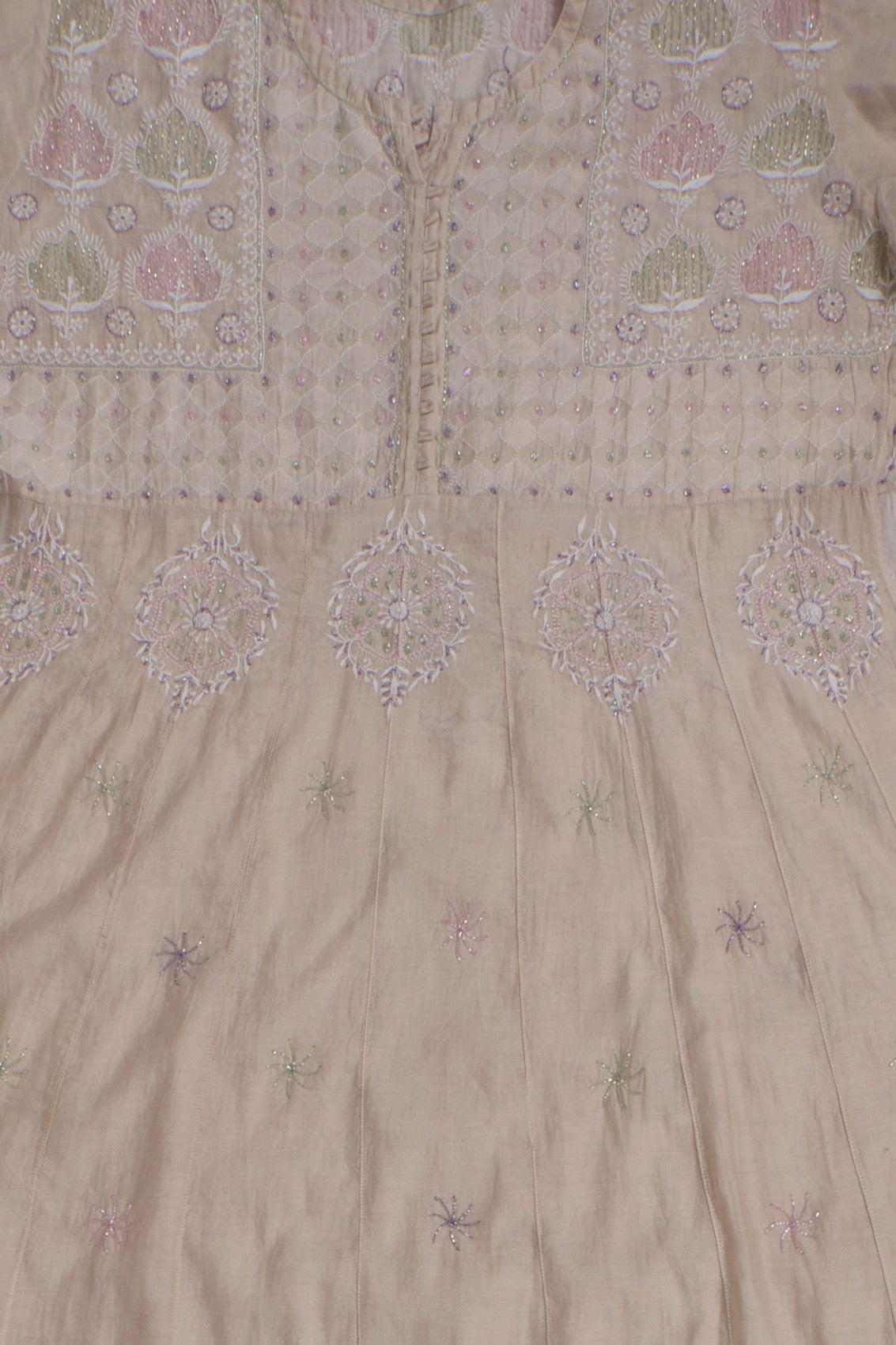 Ada Hand Embroidered Natural Fawn Tissue Lucknowi Chikankari Semi-Stitched Anarkali Kurta Dupatta Set With Cutdana Work 01A187880