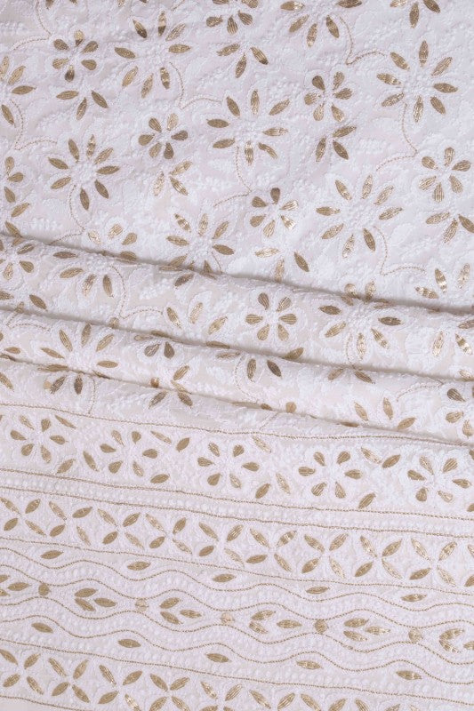 Ada Hand Embroidered White Georgette Lucknowi Chikan Unstitched Kurta Dupatta Set With Gota Patti Work - A618294