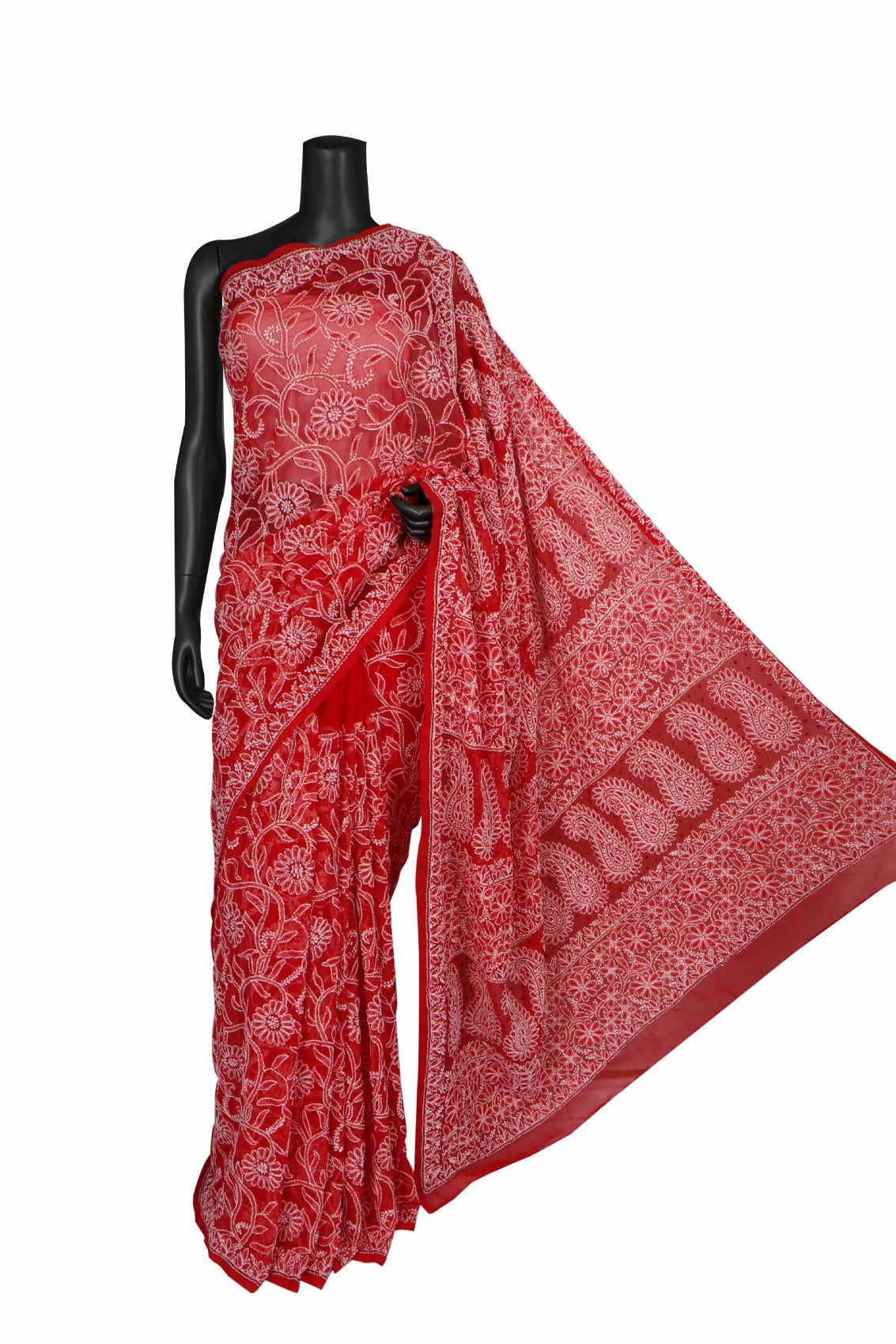 Ada Hand Embroidered Red Georgette Lucknowi Chikankari Saree/Blouse With Cutdana Work 01A204577