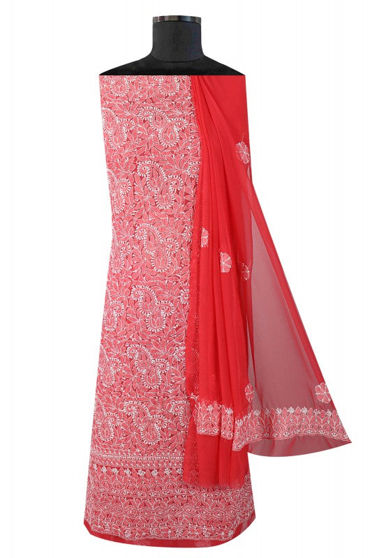 Ada Hand Embroidered Carrot Pink Georgette Lucknowi Chikan Unstitched Suit Piece A620185