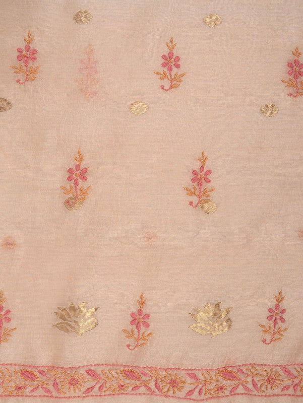 Ada Hand Embroidered Peach Chanderi Lucknowi Chikankari Unstitched Kurta Dupatta Set A622156