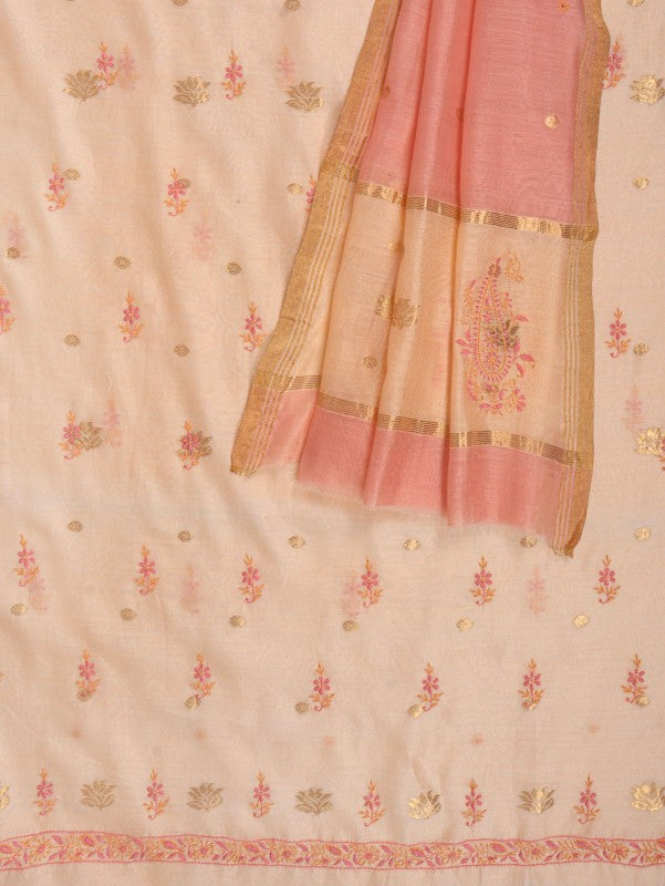 Ada Hand Embroidered Peach Chanderi Lucknowi Chikankari Unstitched Kurta Dupatta Set A622156