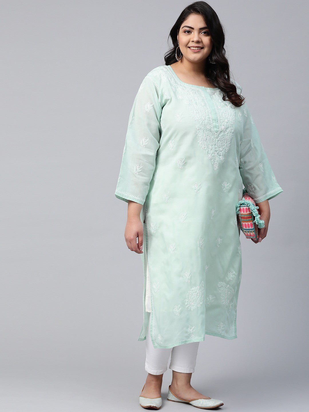 Ada Hand Embroidered Light Pistachio Green Cotton Lucknowi Chikankari Straight Kurta A411138