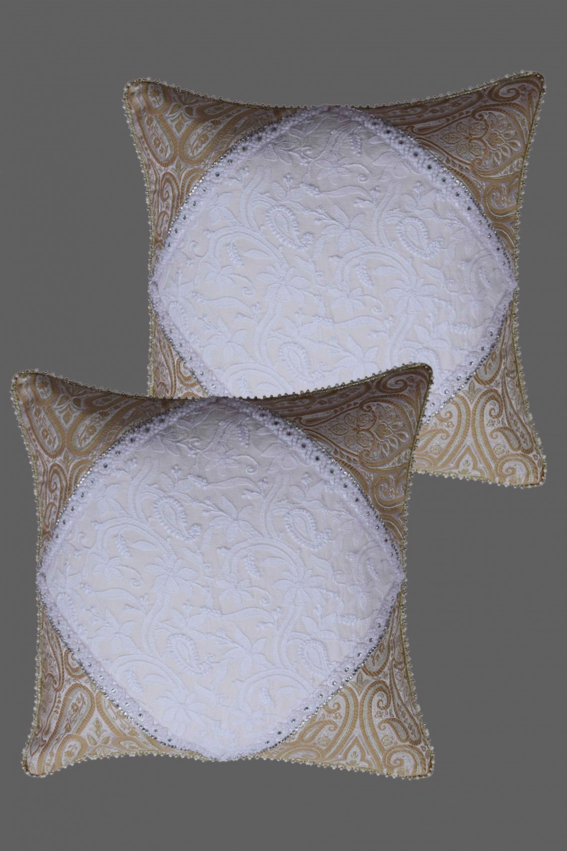 Ada Hand Embroidered White/ Fawn Pure Georgette Lucknow Chikankari Cushion Cover A318717