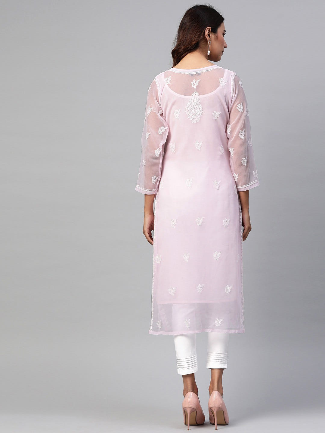 Ada Hand Embroidered Pink Georgette Lucknowi Chikankari Straight Kurta Set With Slip A811162