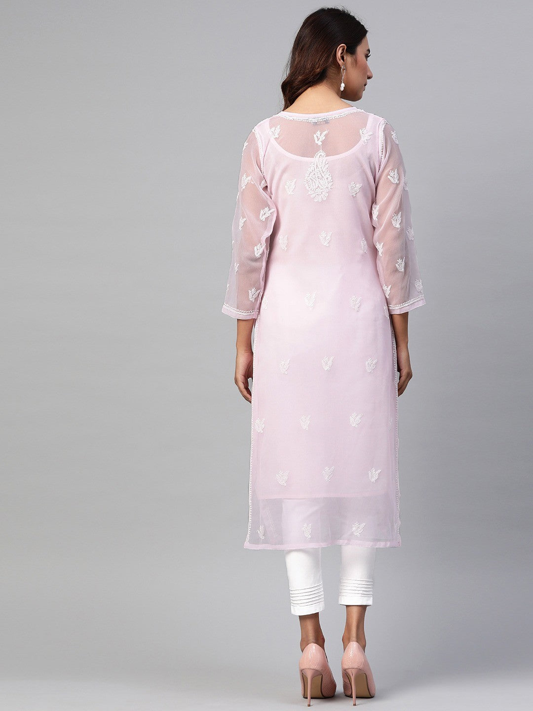 Ada Hand Embroidered Pink Georgette Lucknowi Chikankari Straight Kurta Set With Slip A811162