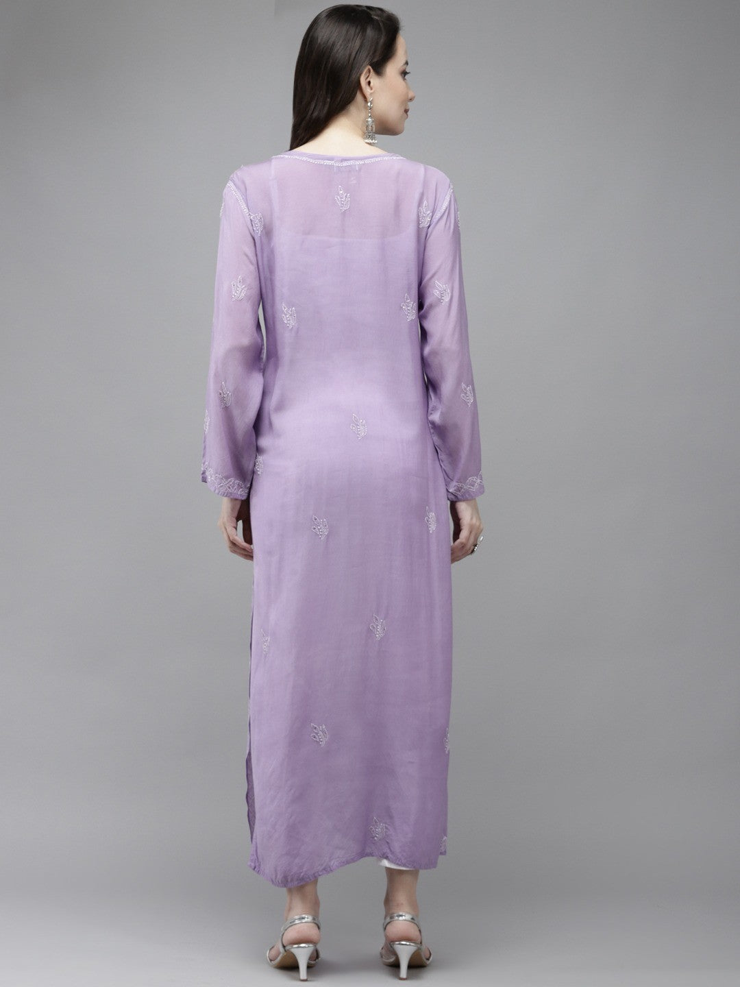Ada Hand Embroidered Mauve Muslin Lucknowi Chikankari Kurta With Muqaish Work-A411299