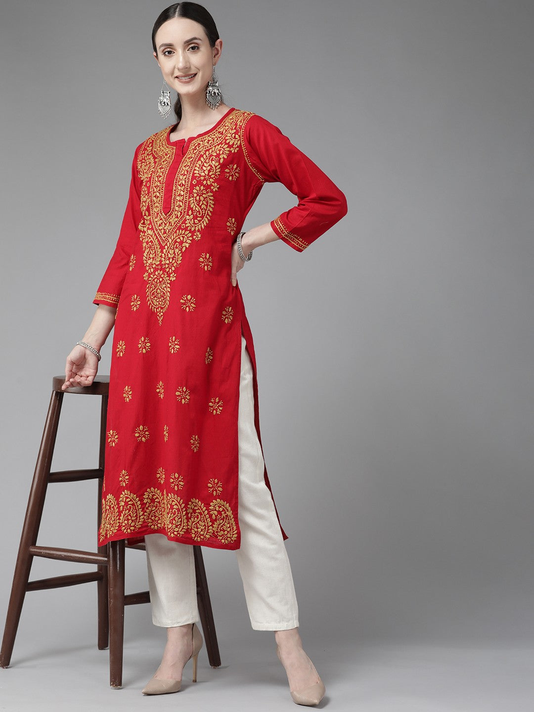 Ada Hand Embroidered Red Cotton Lucknowi Chikankari Straight Kurta A188271