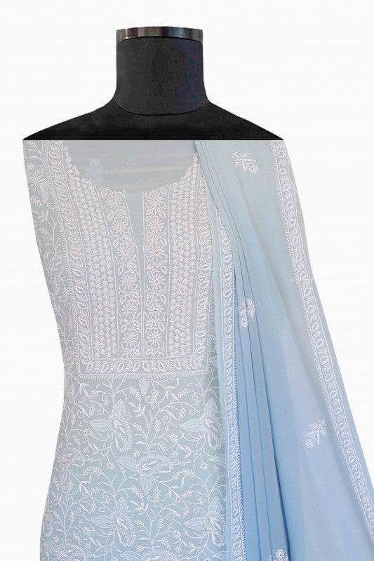 Ada Hand Embroidered Sky Blue Shaded Pure Georgette Lucknowi Chikan Unstitched Suit Piece-A576800