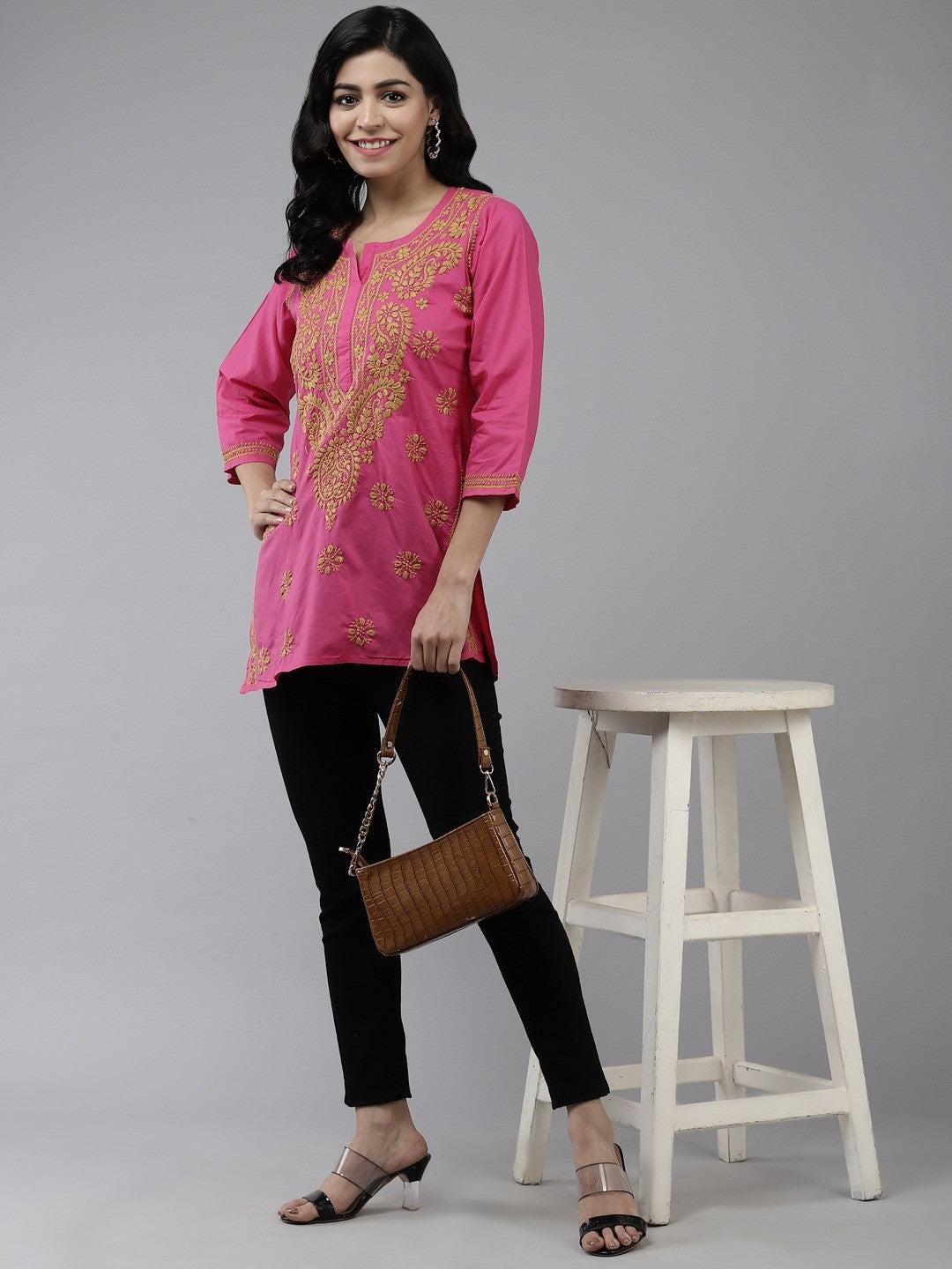 Ada Hand Embroidered Pink Cotton Lucknowi Chikankari Short Kurti  A911188