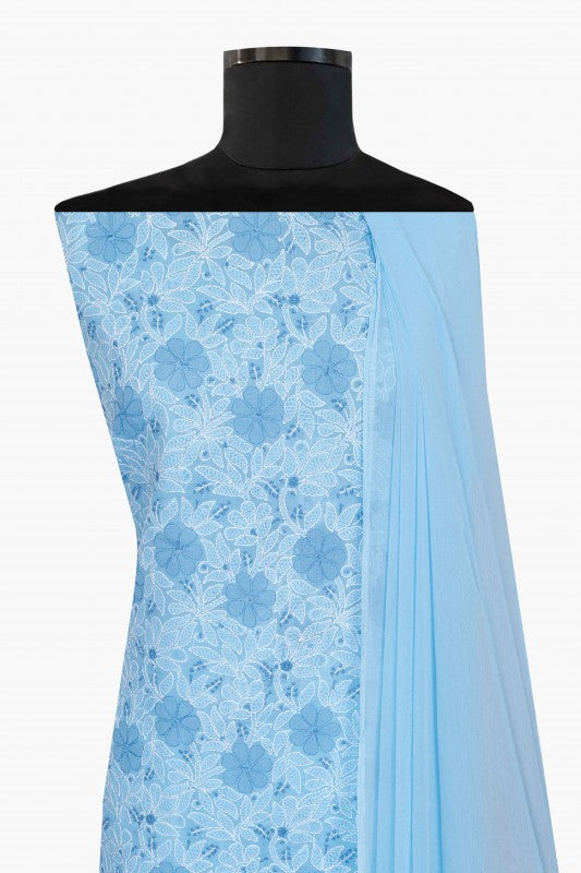 Ada Hand Embroidered Blue Cotton Lucknowi Chikan Unstitched Suit Piece-A100303
