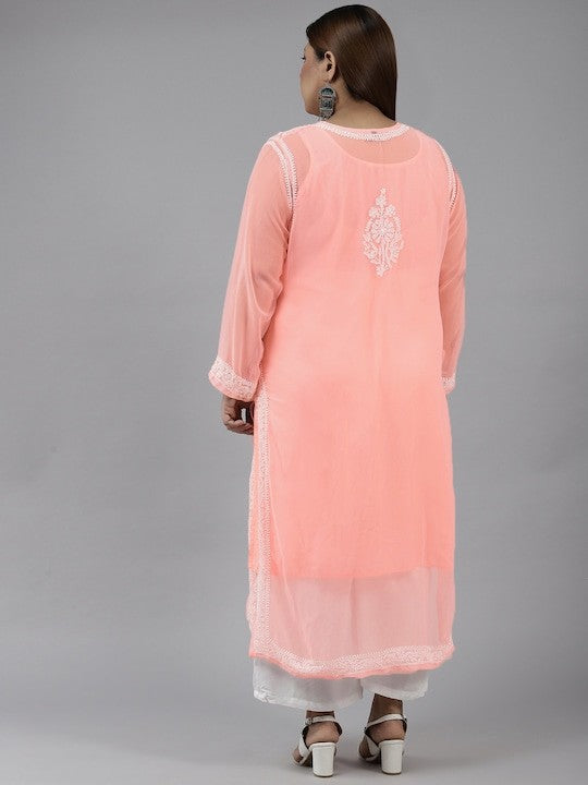 Ada Hand Embroidered Peach Georgette Lucknow Chikan Straight Kurta with Slip A411360