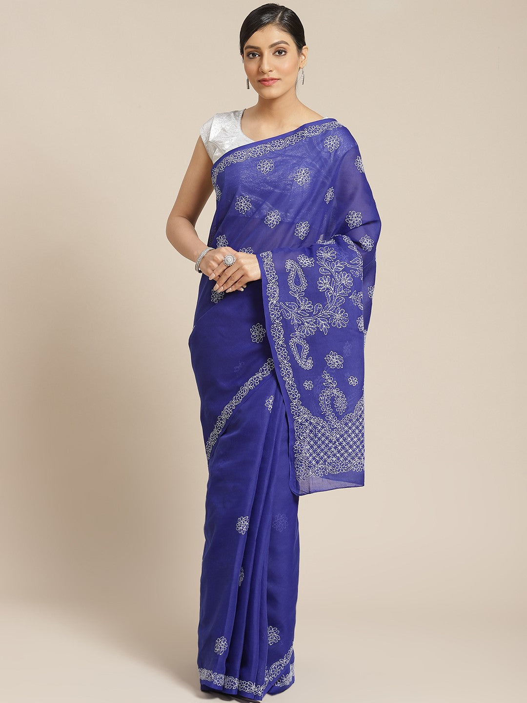 Ada Hand Embroidered Royal Blue Cotton Lucknow Chikan Saree With Blouse A311153