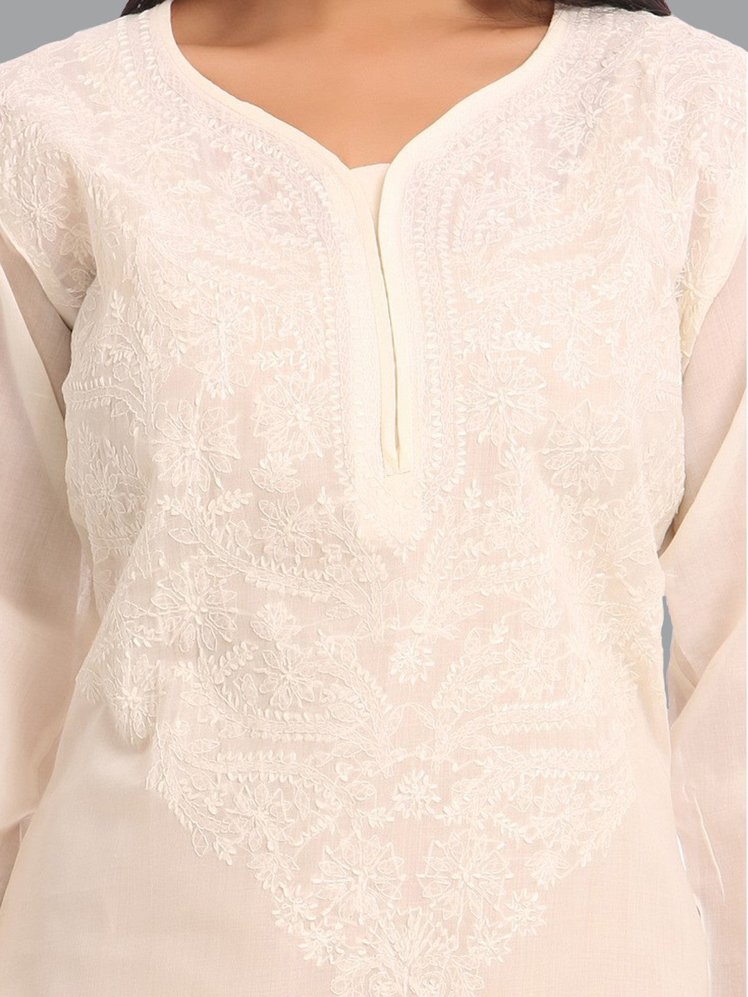 Ada Hand Embroidered Cream Cotton Lucknowi Chikan Straight  Kurta A231355