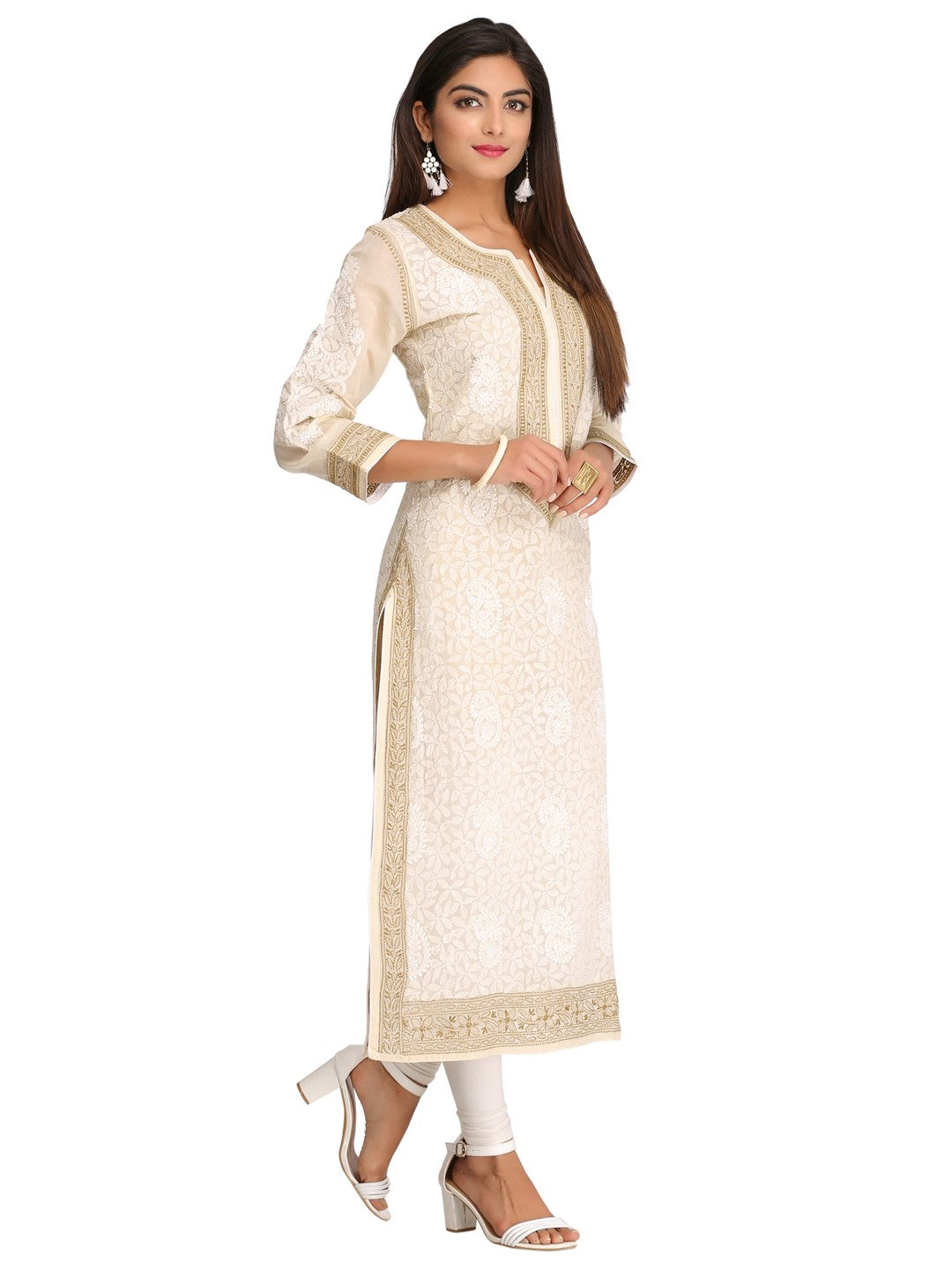 Ada Hand Embroidered Beige Cotton Lucknowi Chikankari Straight Kurta A253964