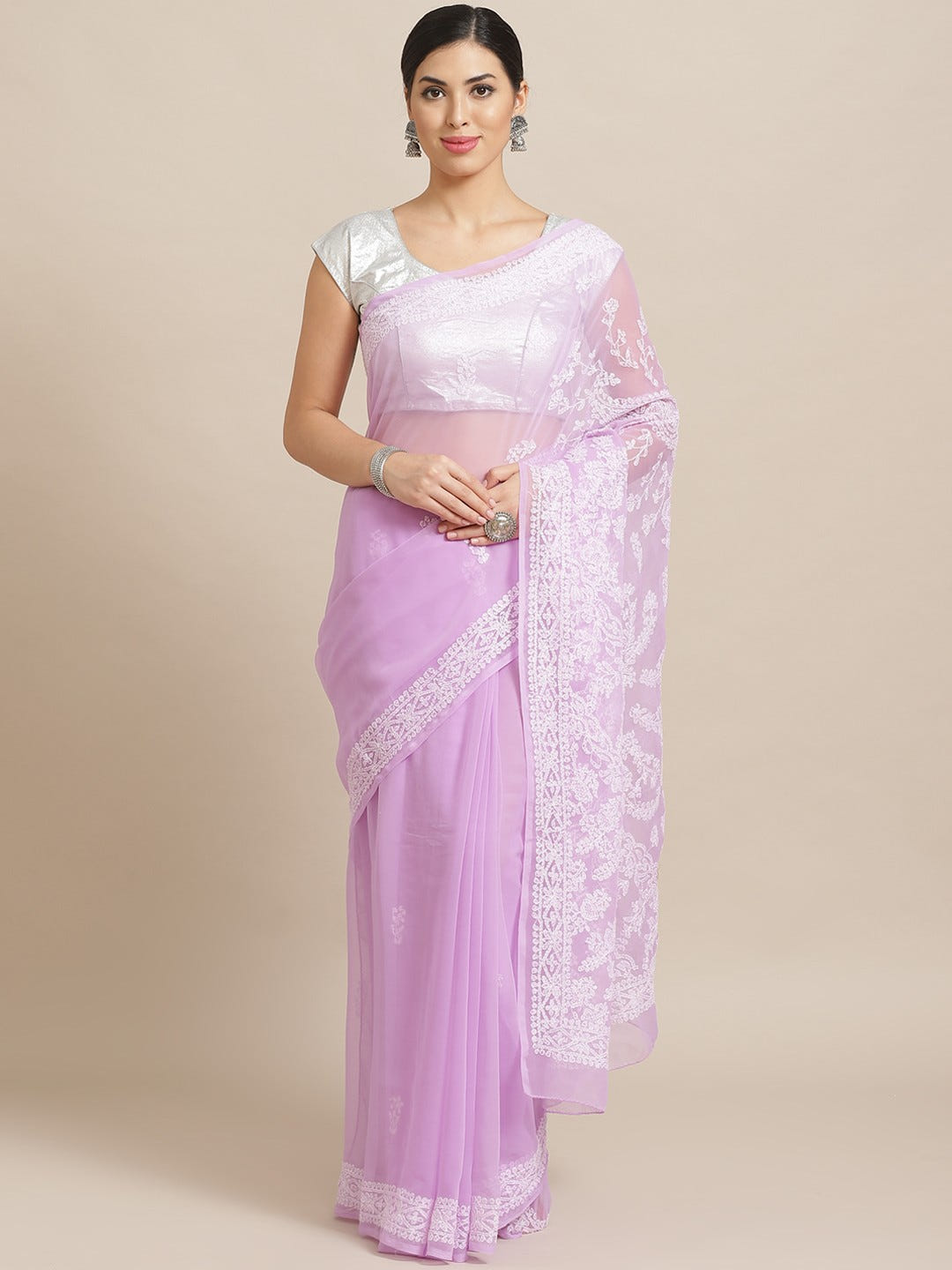 Ada Hand Embroidered Mauve Georgette Lucknow Chikan Saree With Blouse  A183518