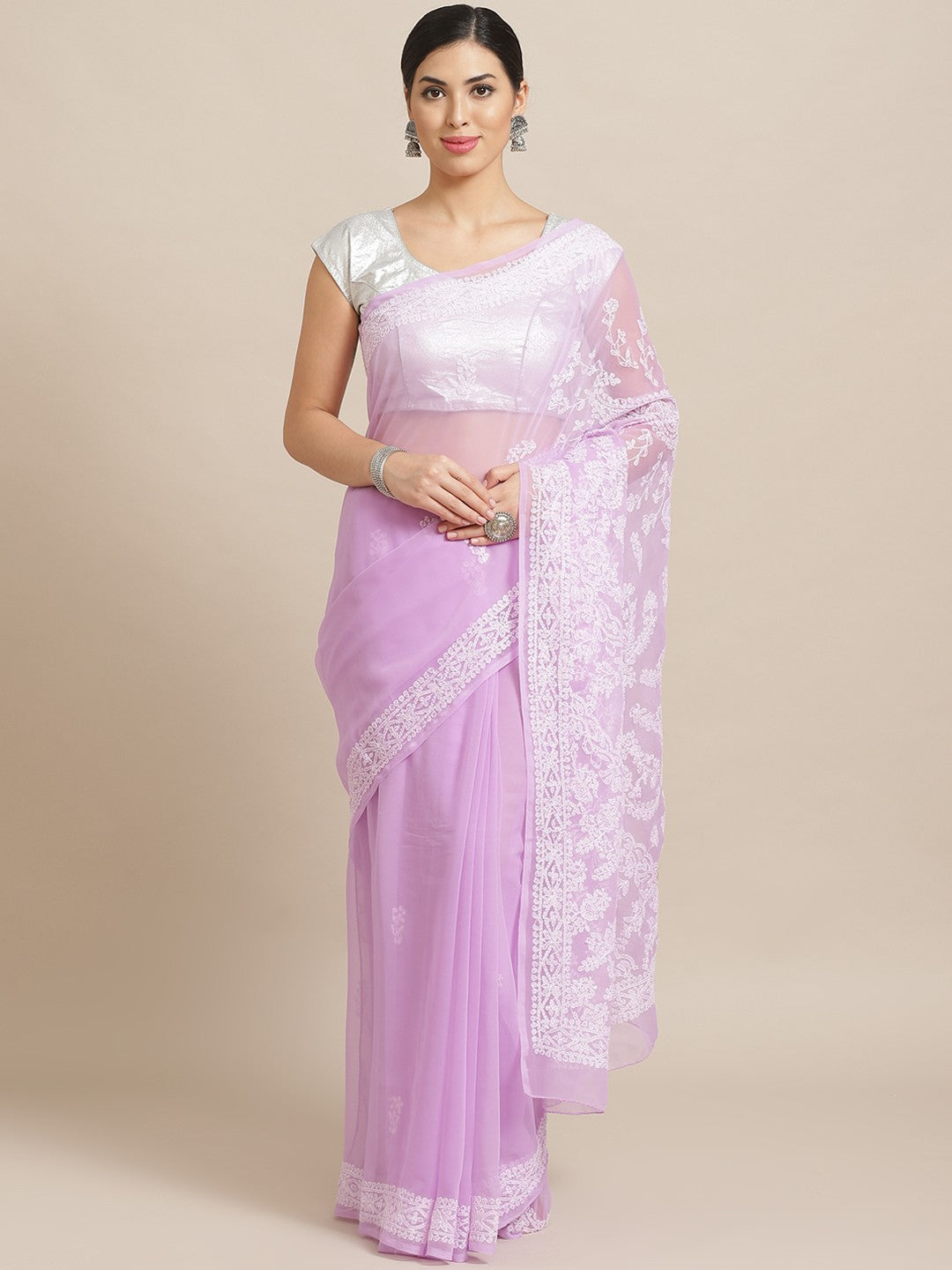 Ada Hand Embroidered Mauve Georgette Lucknow Chikan Saree With Blouse  A183518