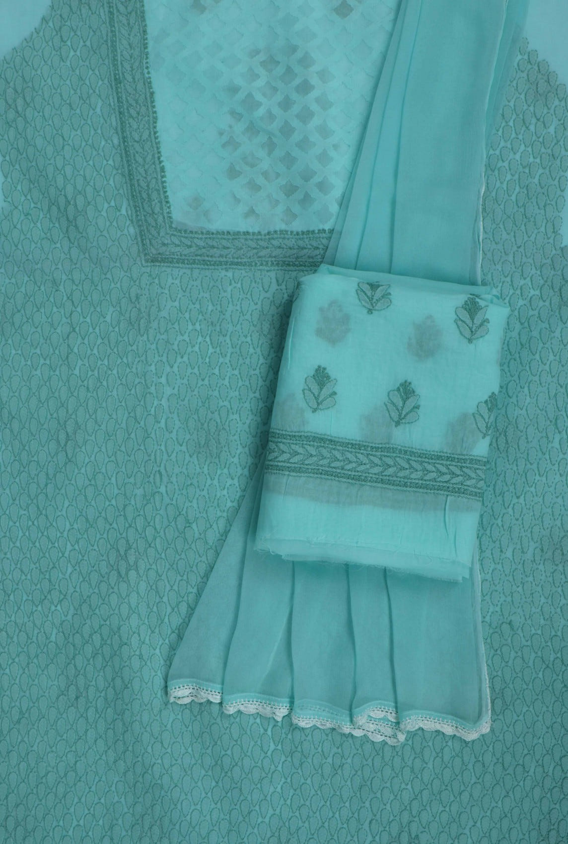 Ada Hand Embroidered Sea Green Cotton Lucknowi Chikankari Unstitched Suit Piece A576409
