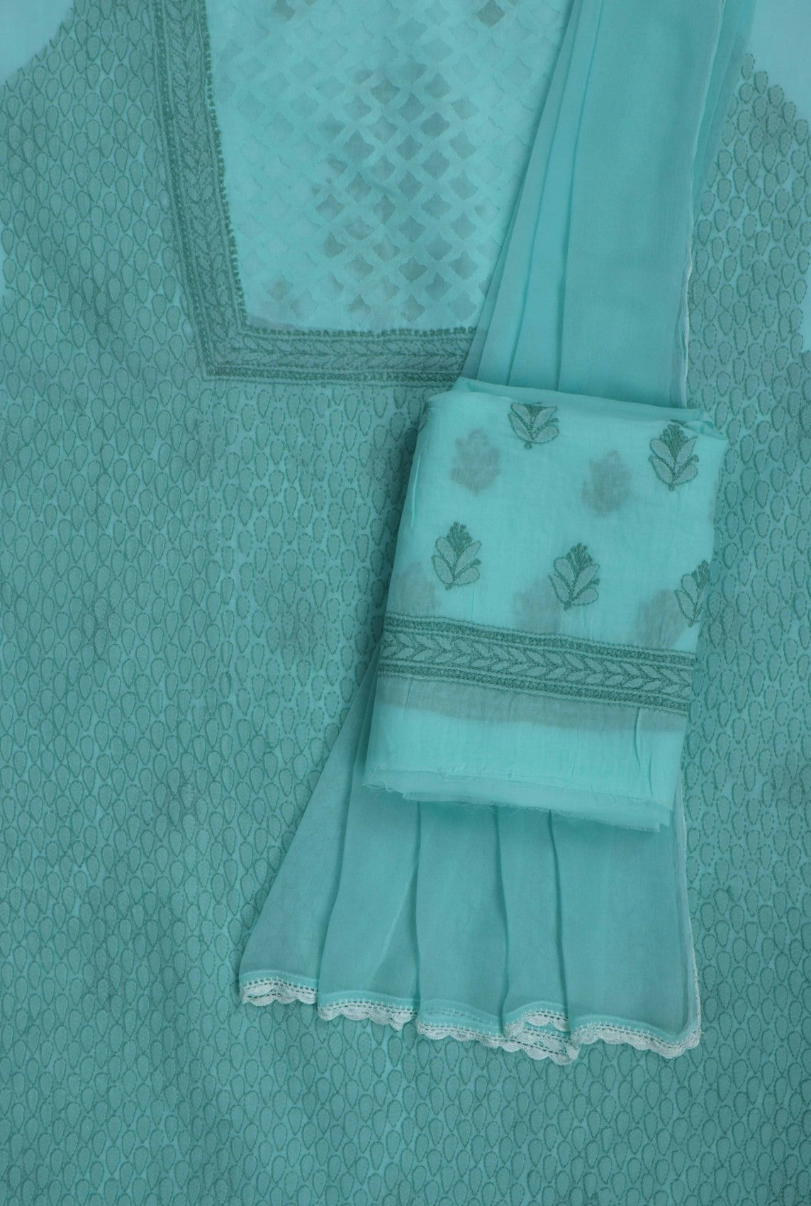Ada Hand Embroidered Sea Green Cotton Lucknowi Chikankari Unstitched Suit Piece A576409
