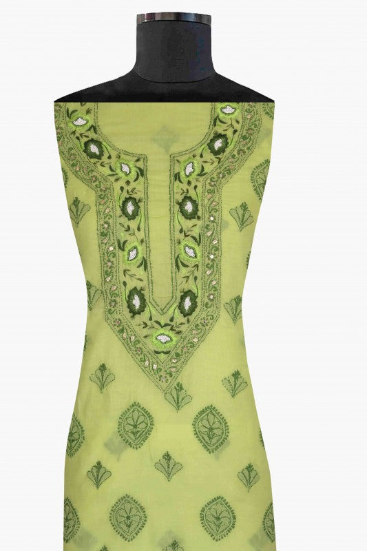 Ada Hand Embroidered Lime Green Cotton Lucknowi Chikan Unstitched Kurta Piece With Gota Patti Work- A268319
