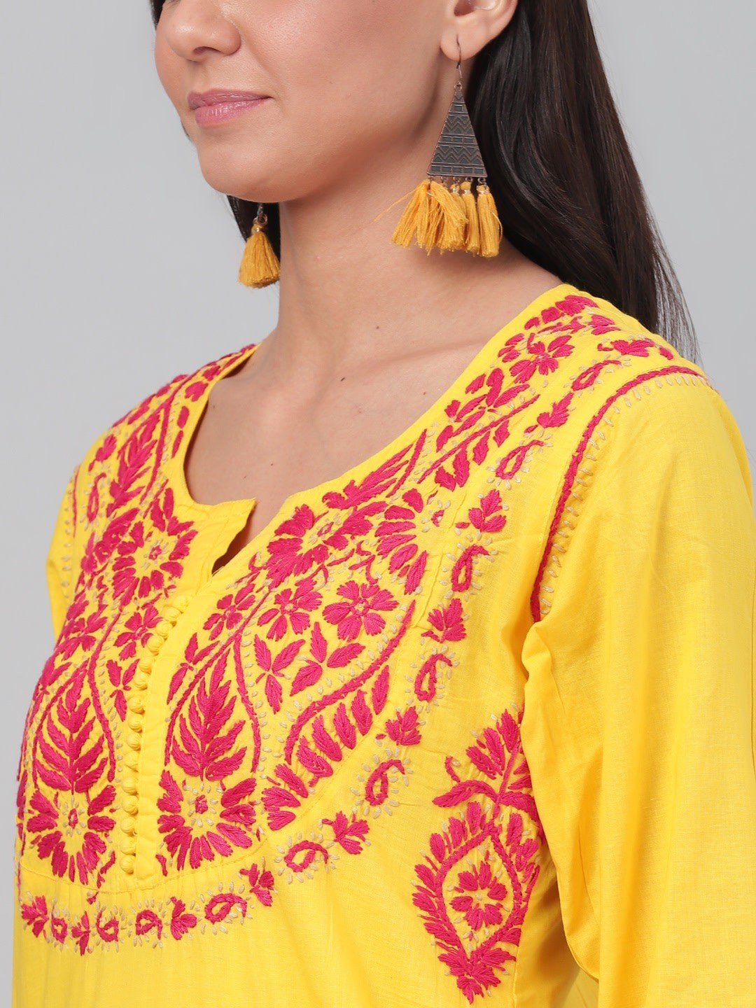 Ada Hand Embroidered Yellow Cotton Lucknowi Chikankari Straight Kurta A357848