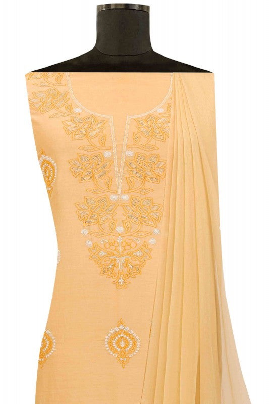 Ada Hand Embroidered Fawn Chanderi Lucknowi Chikankari Unstitched Suit Piece A442518