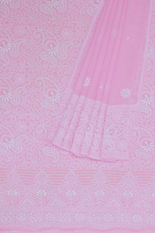 Ada Hand Embroidered Onion Pink Pure Georgette Lucknowi Chikan Unstitched Kurta Dupatta Set with Pearl Work A609230