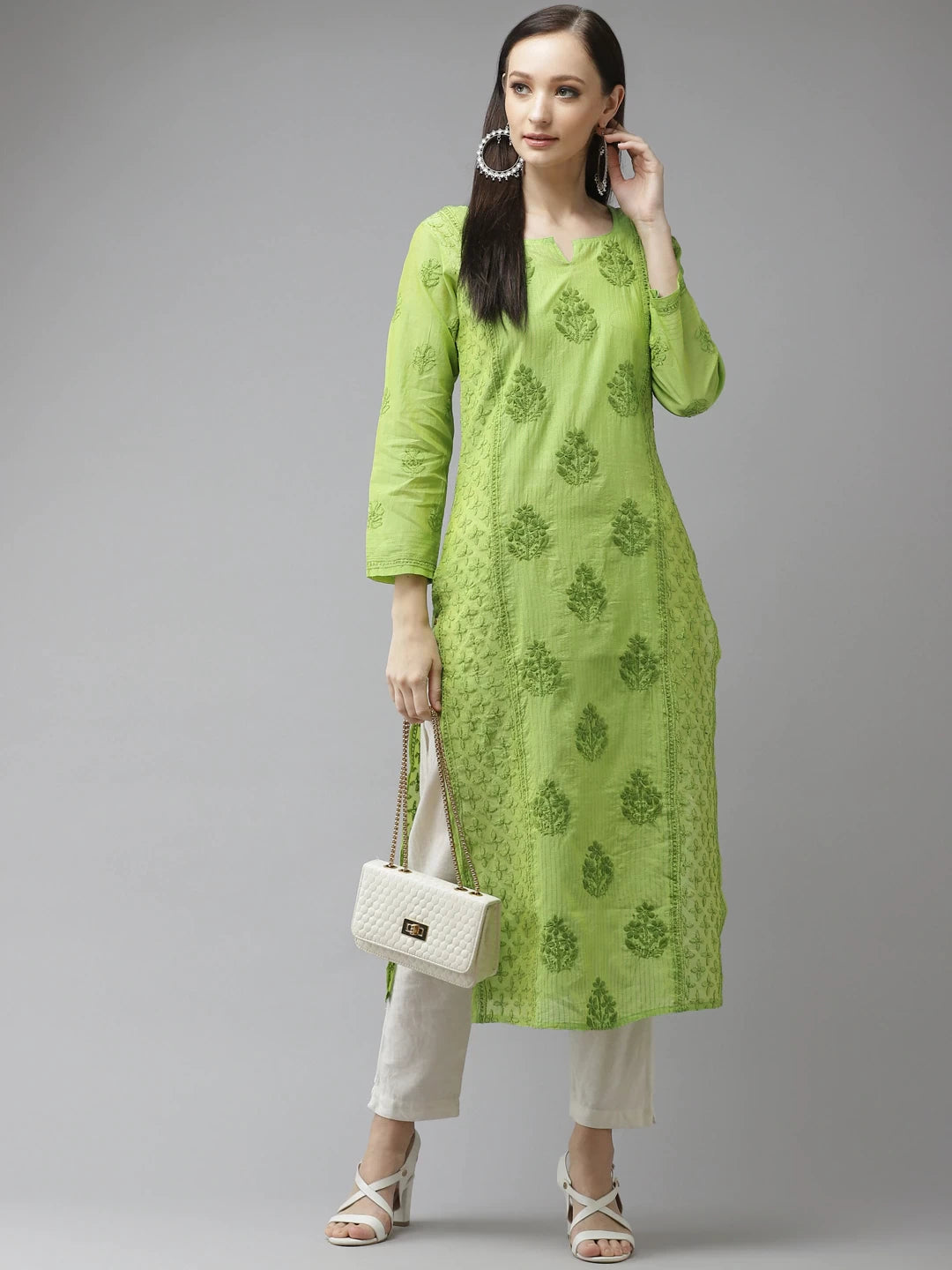 Ada Hand Embroidered Green Chanderi Lucknowi Chikankari Straight Kurta-A411314