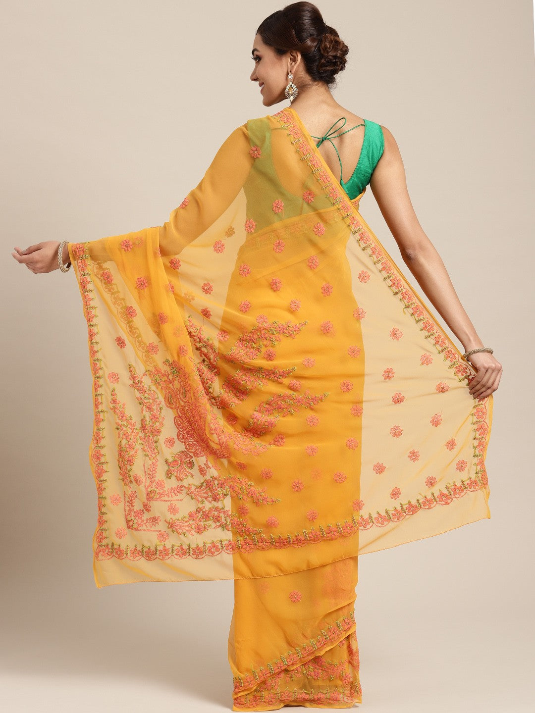 Ada Hand Embroidered Mustard Georgette Lucknow Chikan Saree With Blouse-A100063