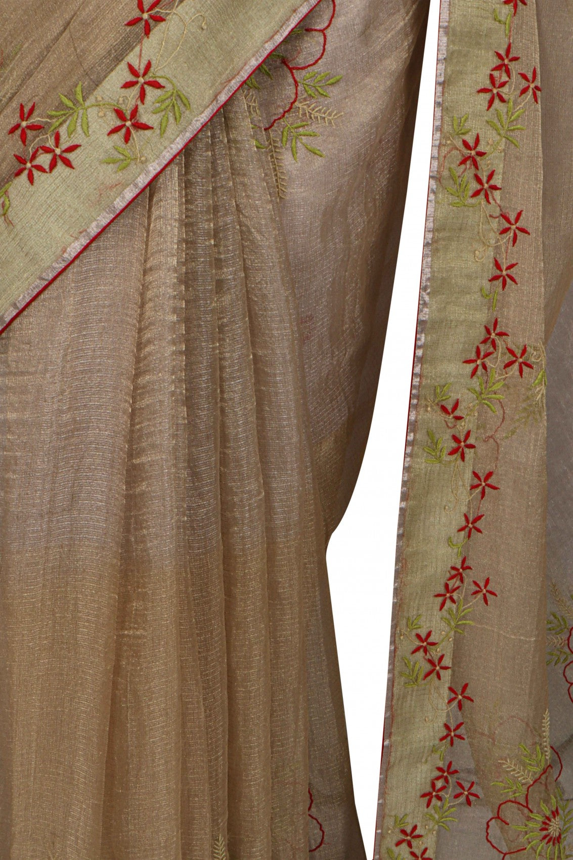 Ada Hand Embroidered Fawn Tissue Lucknowi Chikankari Saree With Blouse 01A622166