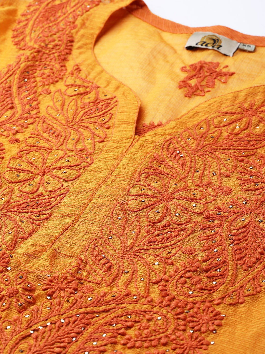 Ada Hand Embroidered Mustard Kota Lucknowi Chikan Kurta/Slip With Muqaish Work- A100486
