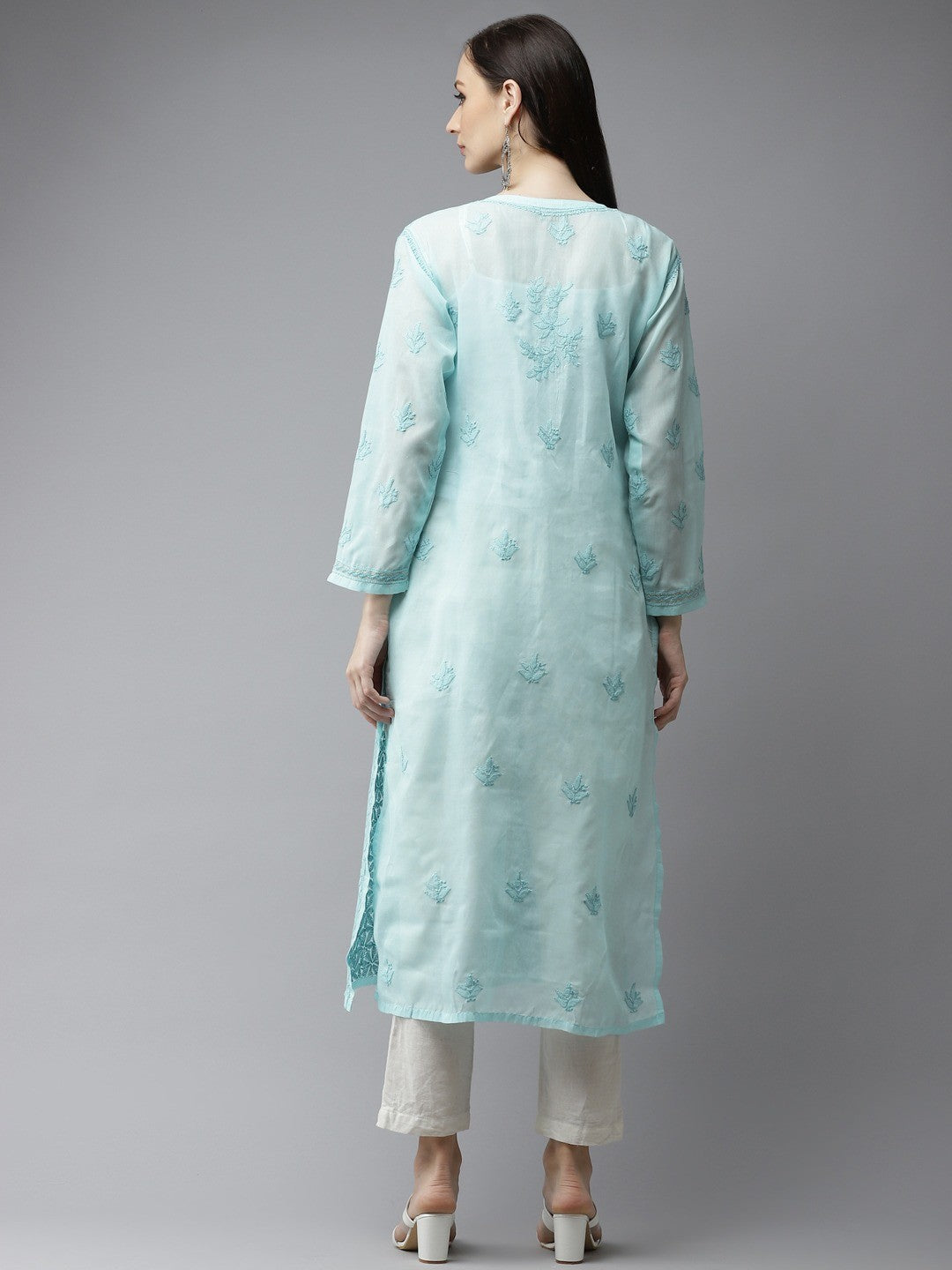 Ada Hand Embroidered Blue Cotton Lucknow Chikan Straight Kurta A411316