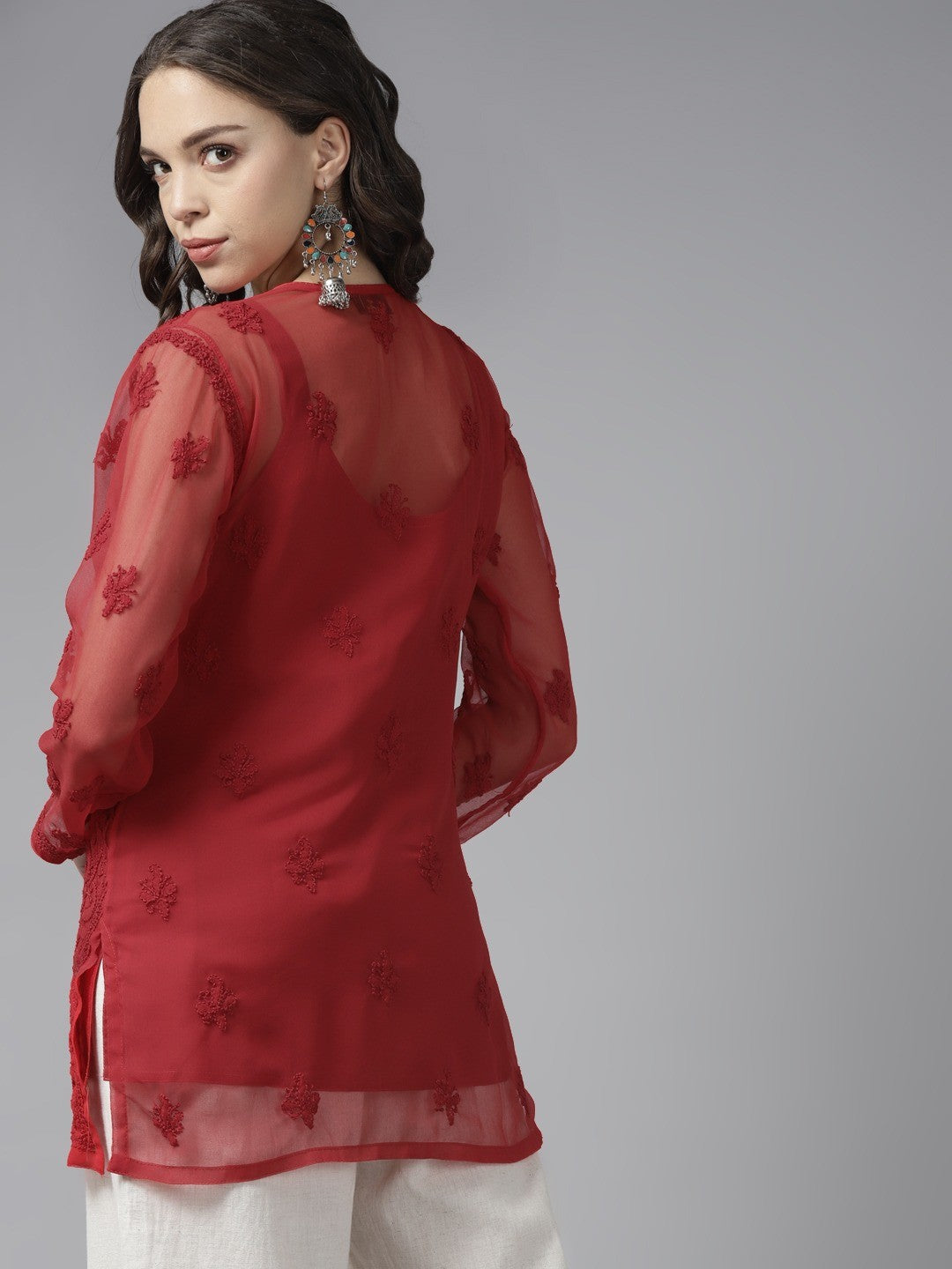 Ada Hand Embroidered Red Georgette Lucknowi Chikankari Straight Kurti With Slip A911193