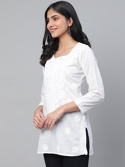 Ada Hand Embroidered White Cotton Lucknowi Chikankari Short Kurti A359765