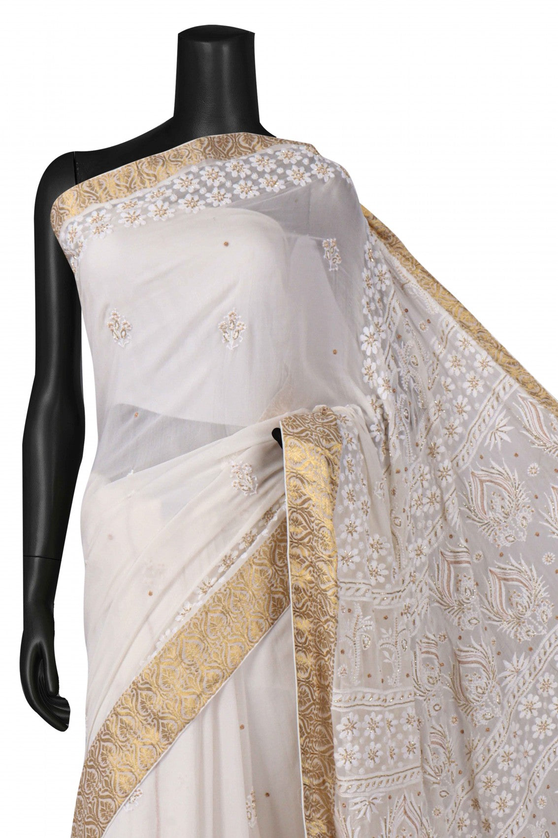 Ada Hand Embroidered White Chiffon Lucknowi Chikankari Saree/Blouse With Zari Work A491076