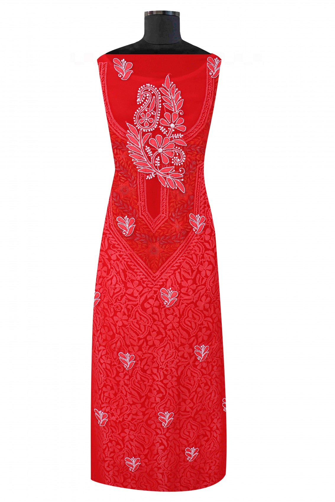 Ada Hand Embroidered Red Georgette Lucknowi Chikankari Unstitched Suit Piece With Pearl Work 01A146081