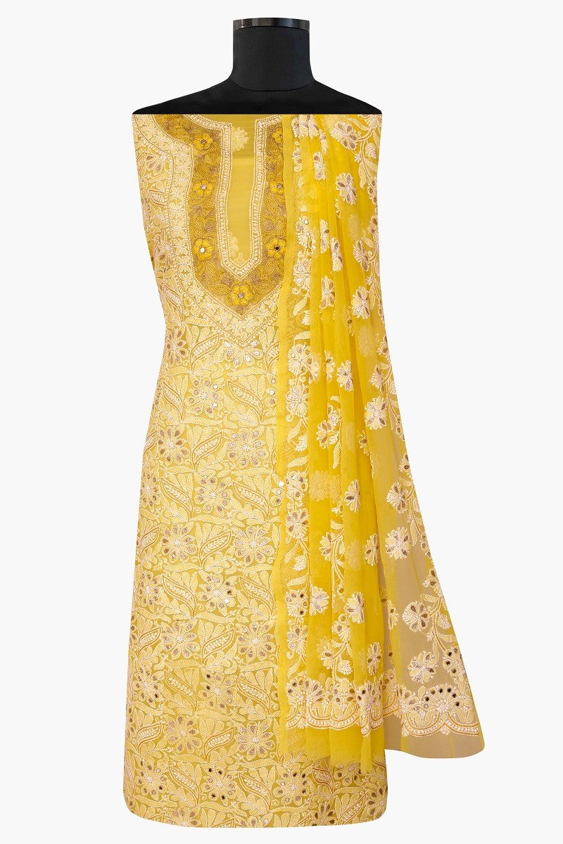 Ada Hand Embroidered Sunglow Yellow Georgette Lucknowi Chikan Unstitched Kurta Dupatta with Gota patti Work A576962