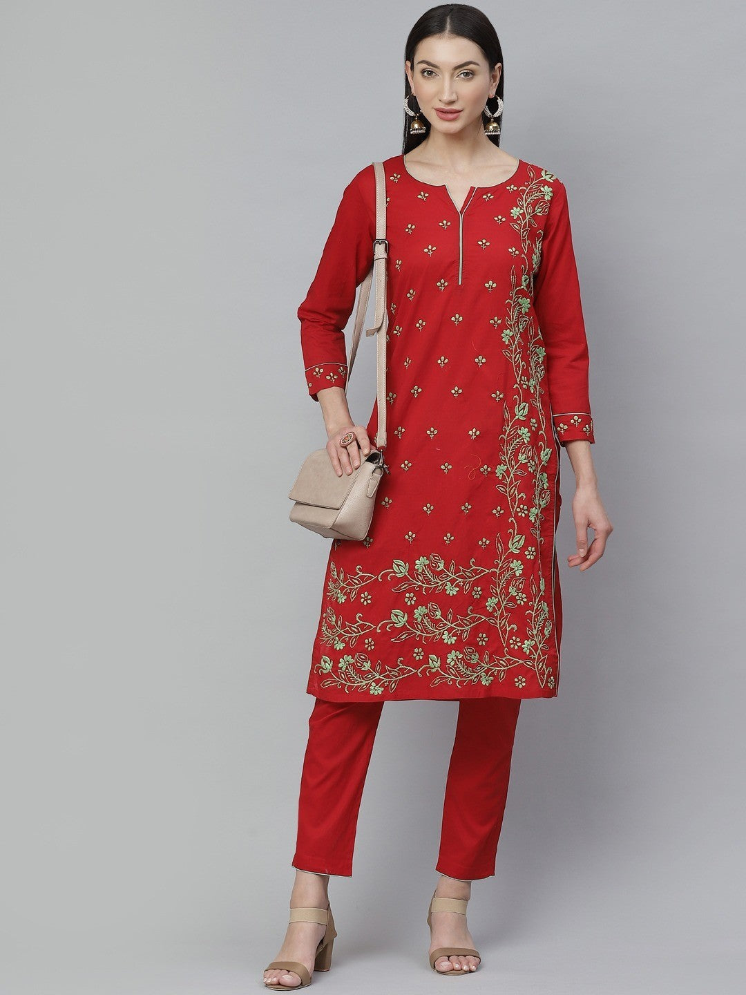 Ada Hand Embroidered Red Cotton Lucknowi Chikankari Straight Kurta With Trouser Set A811129
