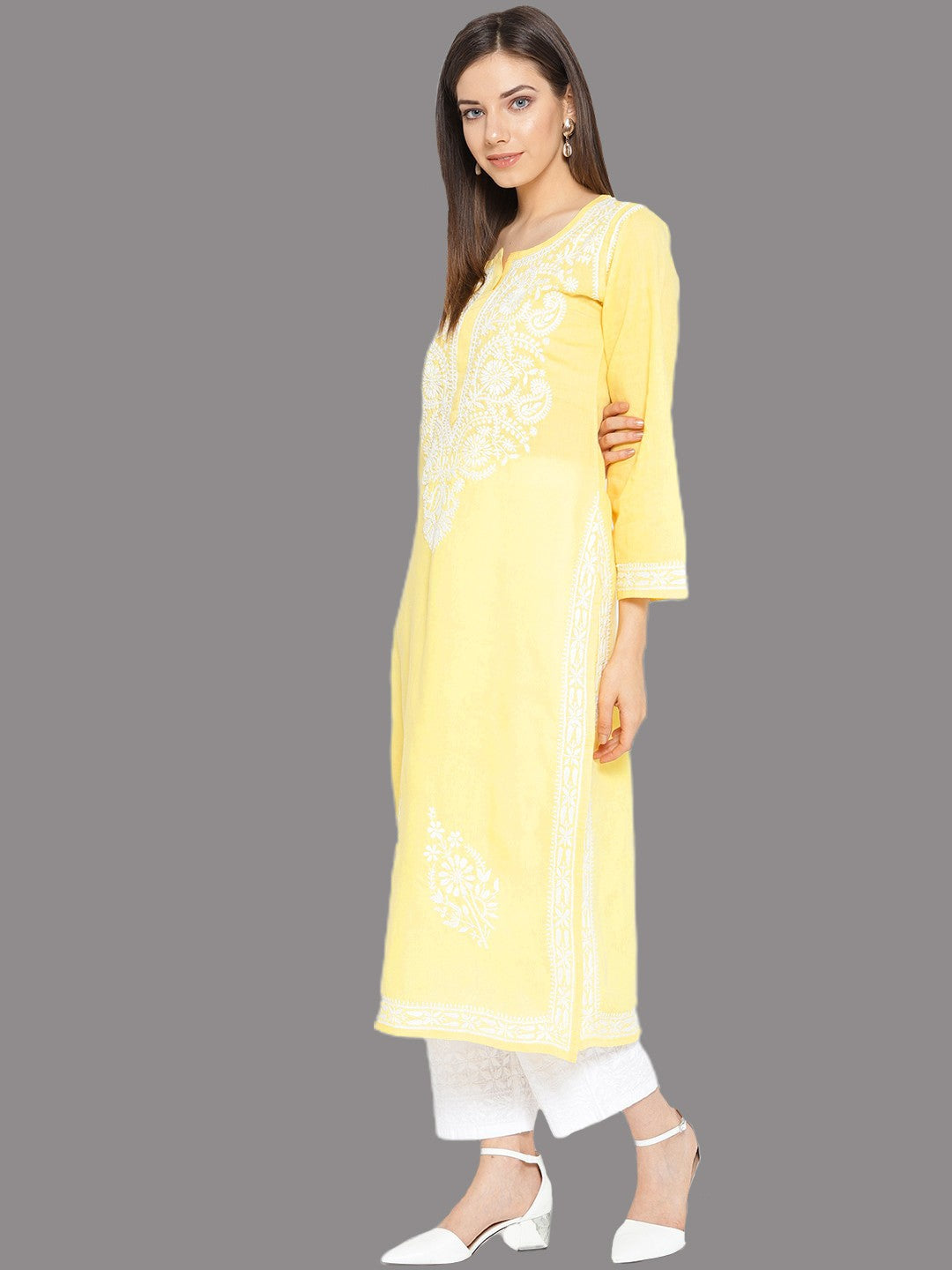 Ada Hand Embroidered Yellow Cotton Lucknowi Chikankari Kurta Set A100128